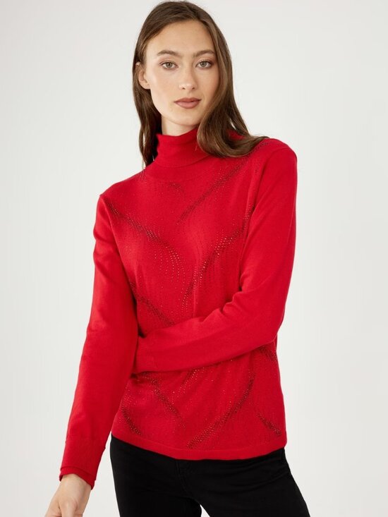 Frank Lyman Design Sweaters - Frank Lyman Red High Neck Sweater Abstract, Size Small